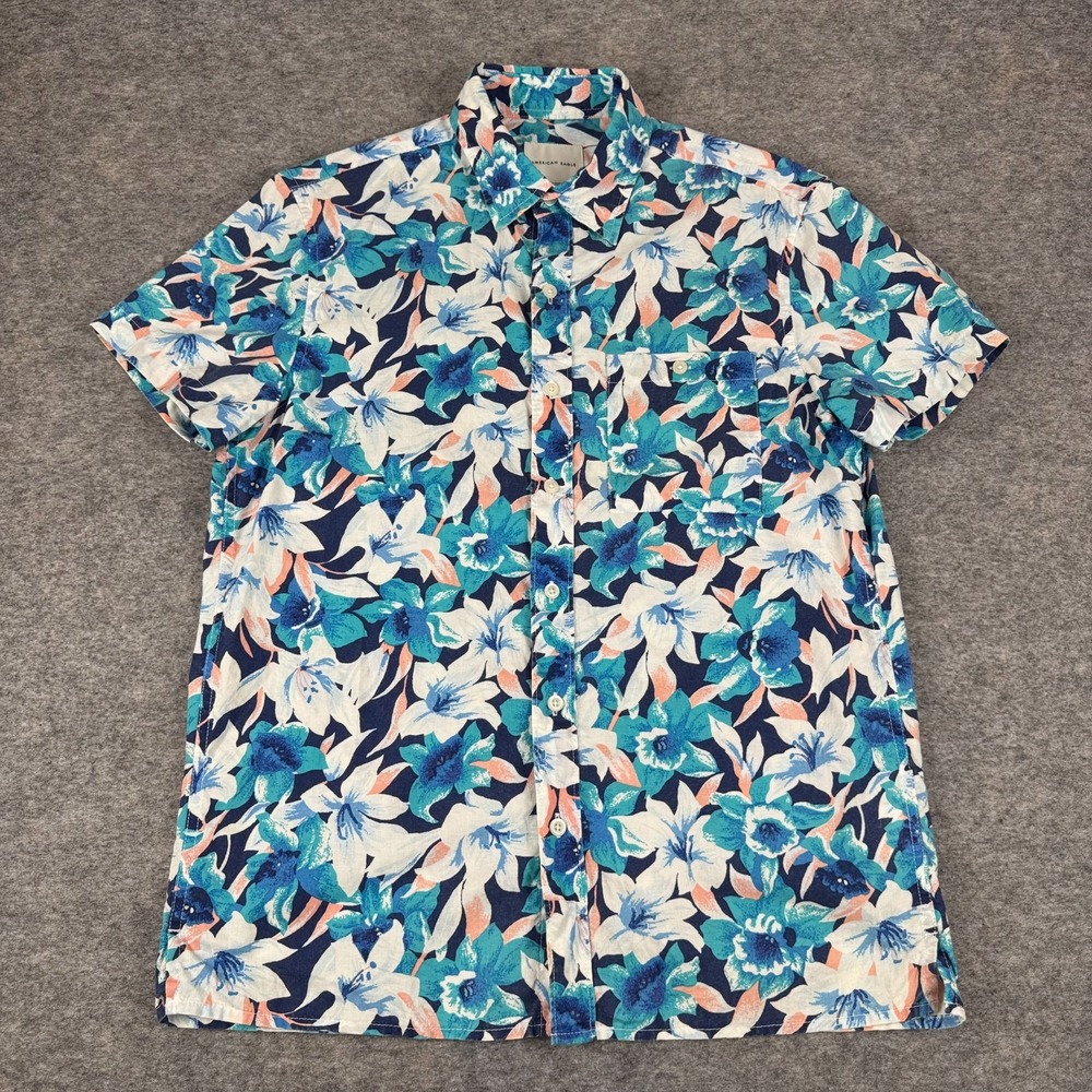 American Eagle Button Up Shirt Floral Hawaiian Cotton Blue Mens Small S‎